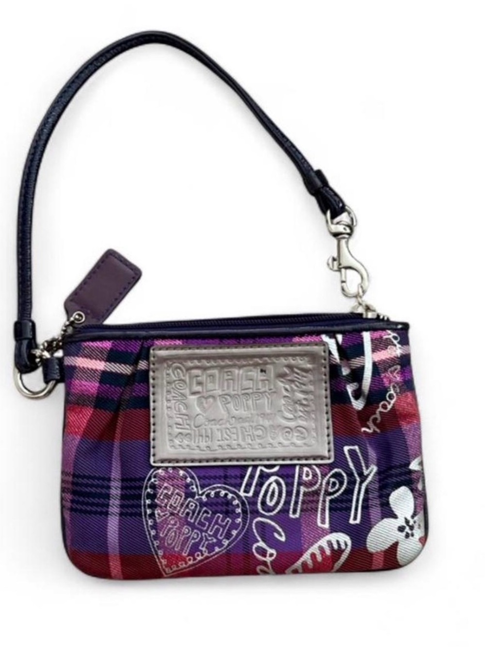 Coach Purple Plaid Poppy Wristlet with Black Strap